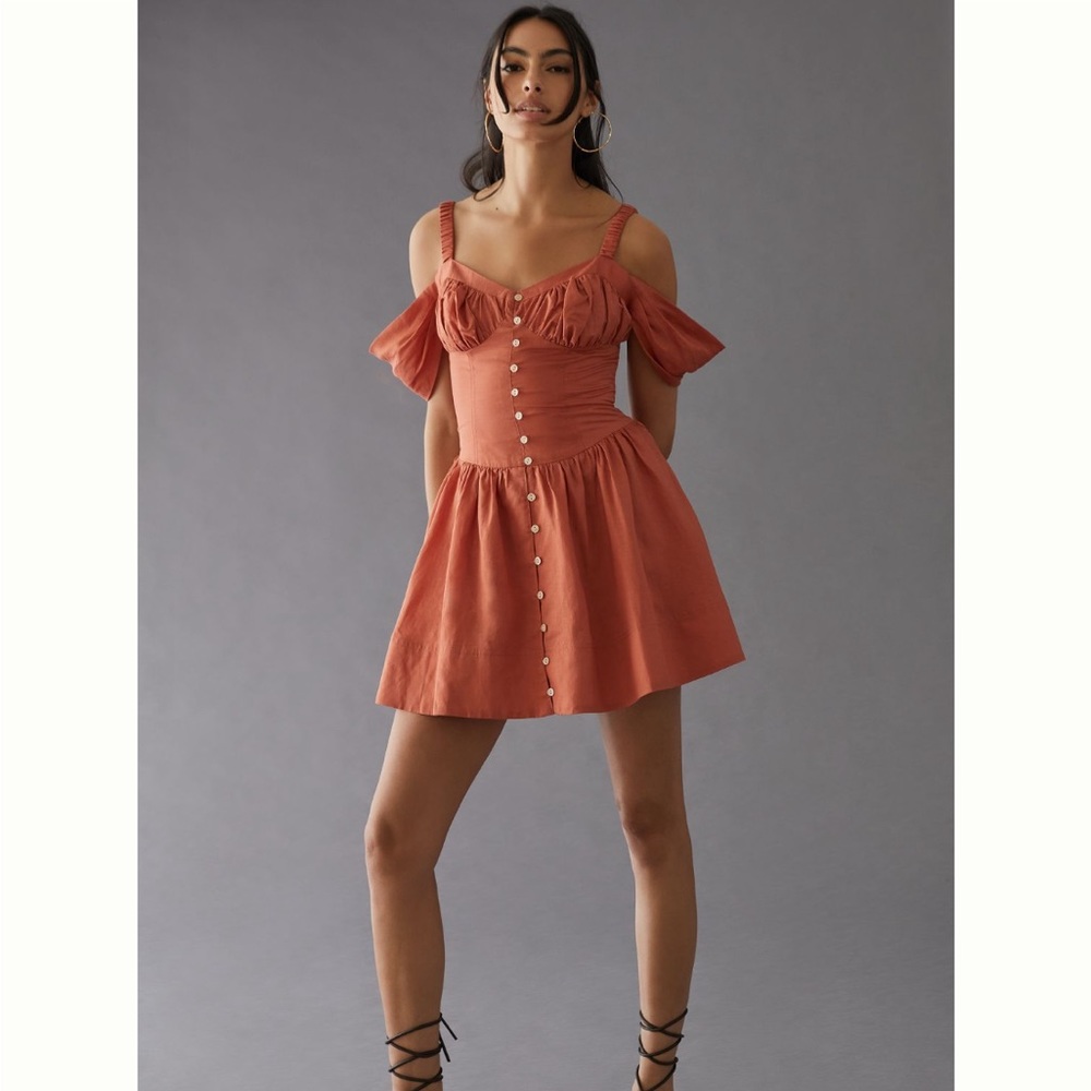 ✨ Anthropologie Off-the-Shoulder Linen Mini Dress Sz L
